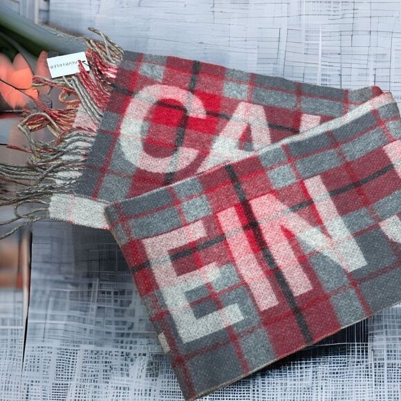 Calvin Klein red and gray plaid logo print wool cashmere scarf new with tags - Picture 3 of 7